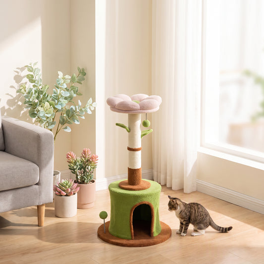 PawHut Cat Tree for Indoor Kittens, 88cm Flower Cat Tower with Condo & Bed, Scratching Post, 2 Toy Balls and 2 Crinkle Leaves