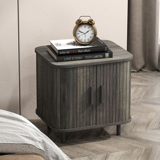 HOMCOM Nightstand with Sliding Doors and Metal Legs Grey