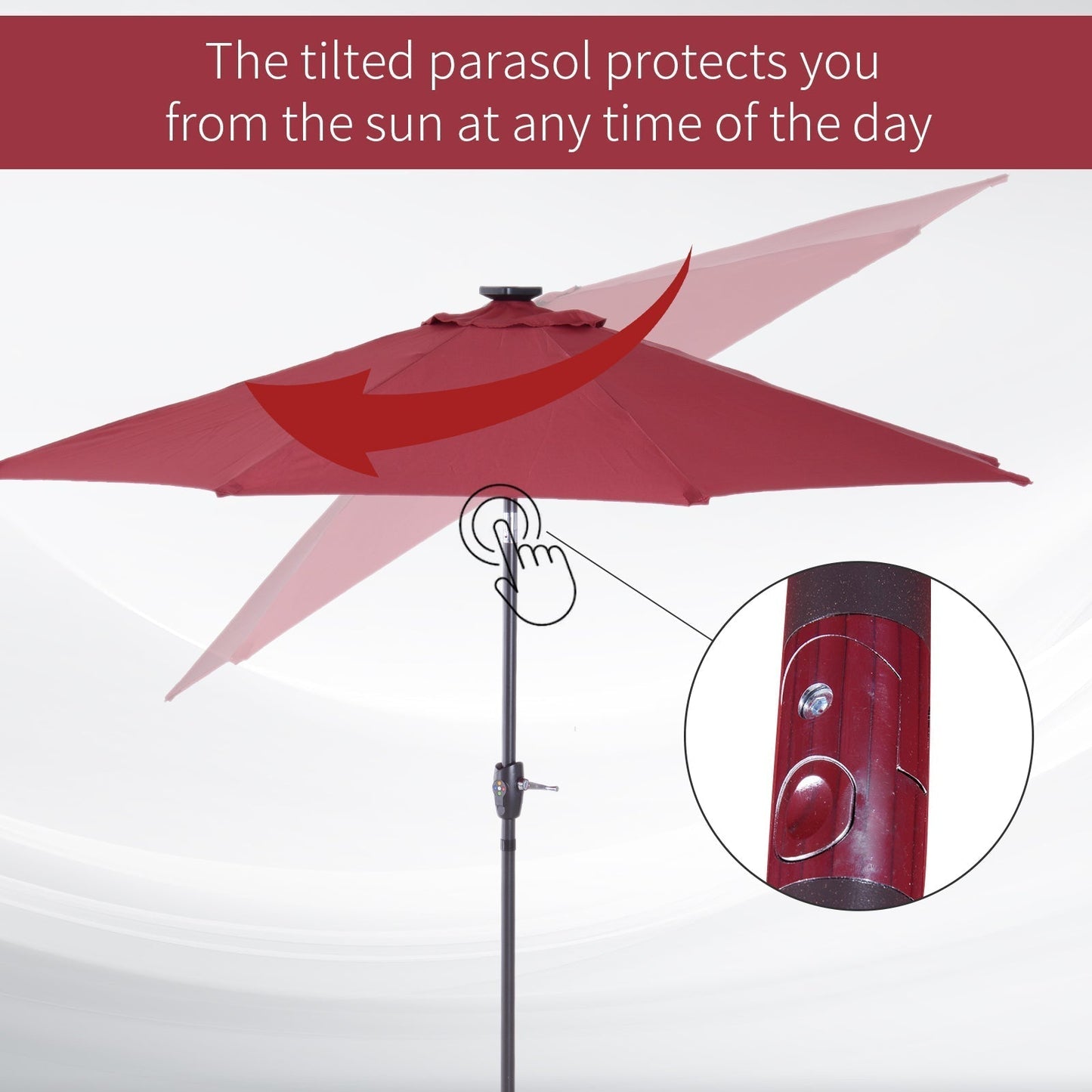 Outsunny a2.7m Garden 24 LED Light Parasol Solar Outdoor Tilt Sun Umbrella Patio Club Party Event Manual Sun Shade w/ Hand Crank and 8 Ribs, Red