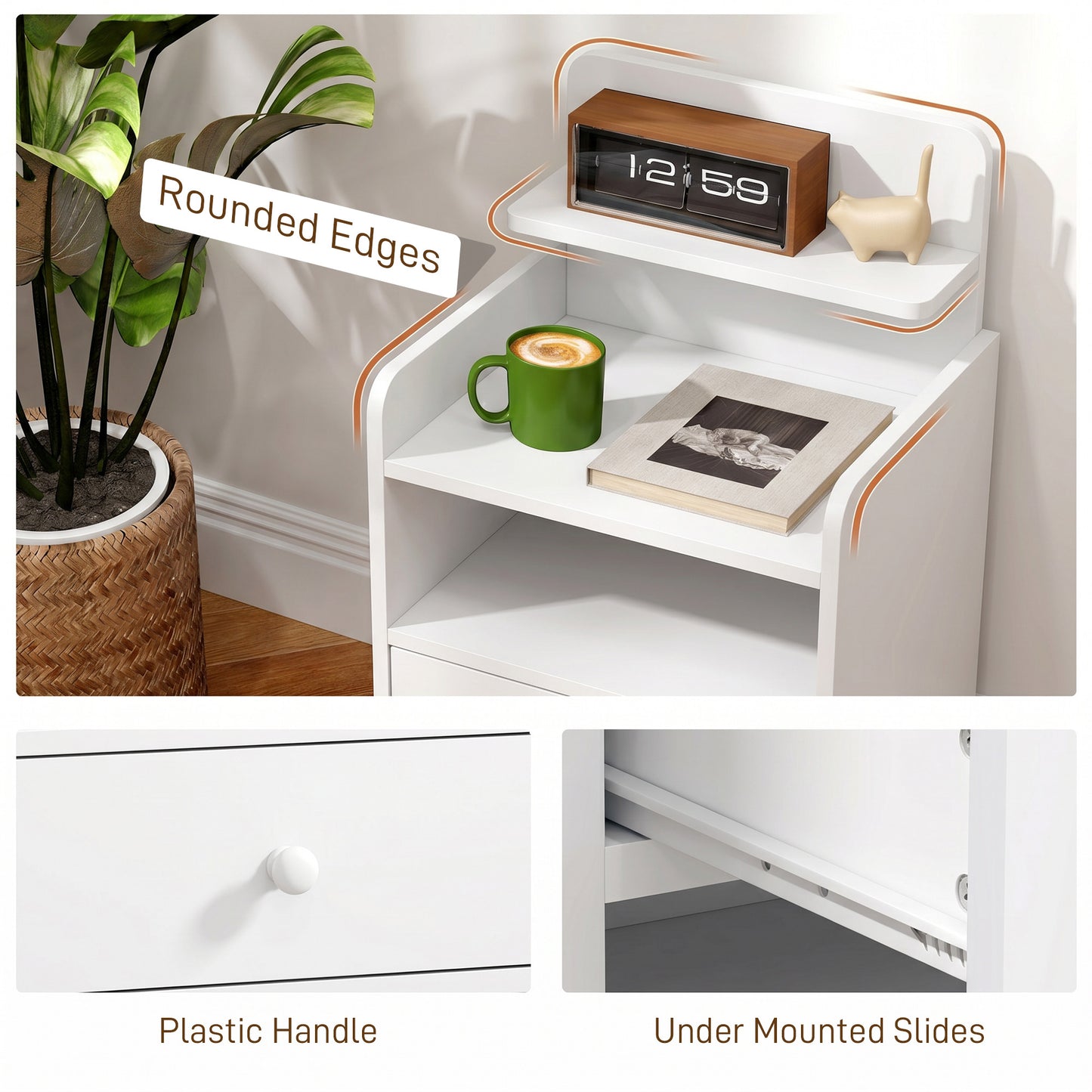 HOMCOM Bedside Cabinet, Bedside Table with Drawer and Shelf for Living Room, White