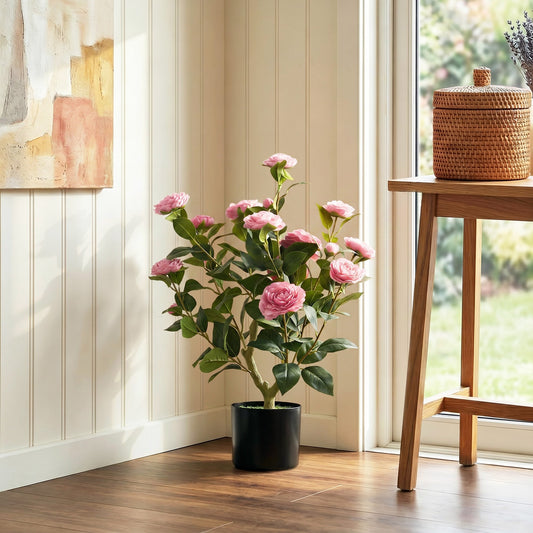 HOMCOM 65cm Artificial Camellia Flower Plant in Pot with 116 Lush Leaves & Moss Effect, Pink