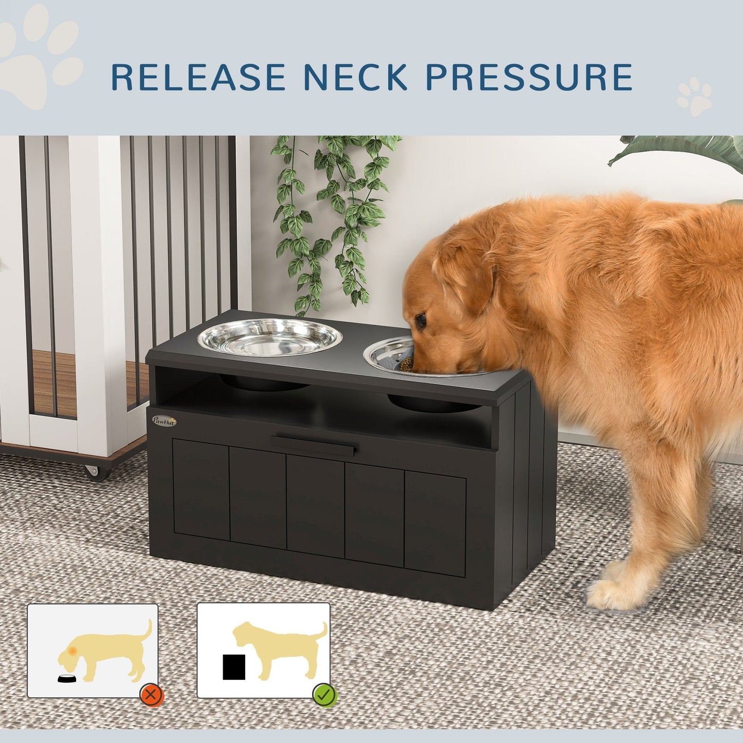 PawHut Raised Dog Bowl with Slow Feeder, Two Stainless Steel Dog Bowls, Drawer, for Large and Extra Large Dogs, Black