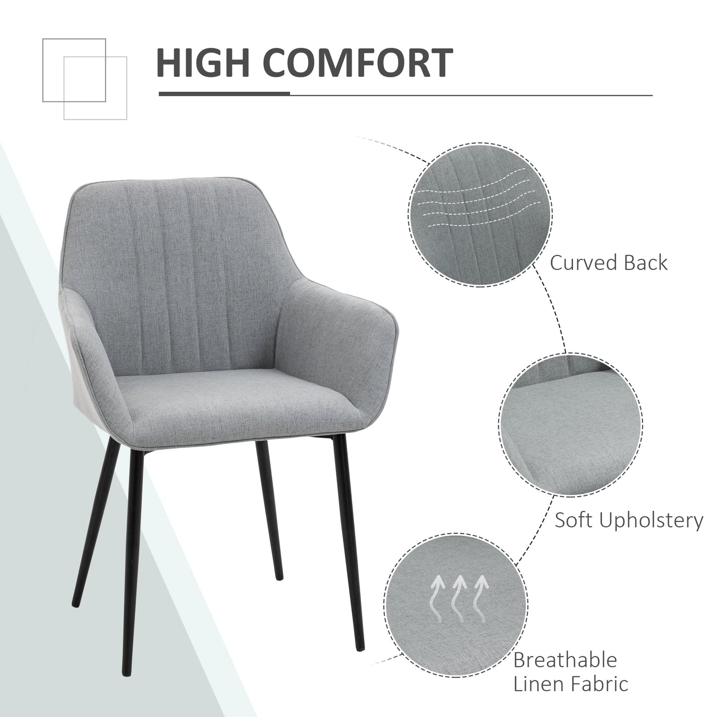 HOMCOM Dining Chairs Set of 2, Upholstered Linen Fabric Kitchen Chairs with Metal Legs for Living Room Dining Room, Light Grey