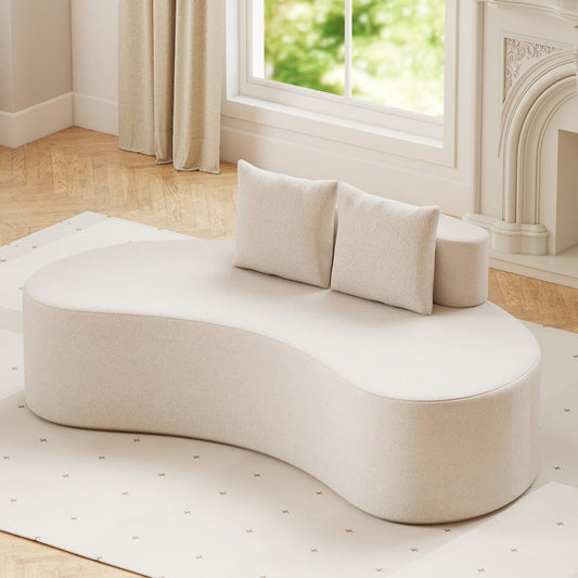 Upholstered Curved Sofa with 2 Cozy Pillows and Low Backrest-Beige