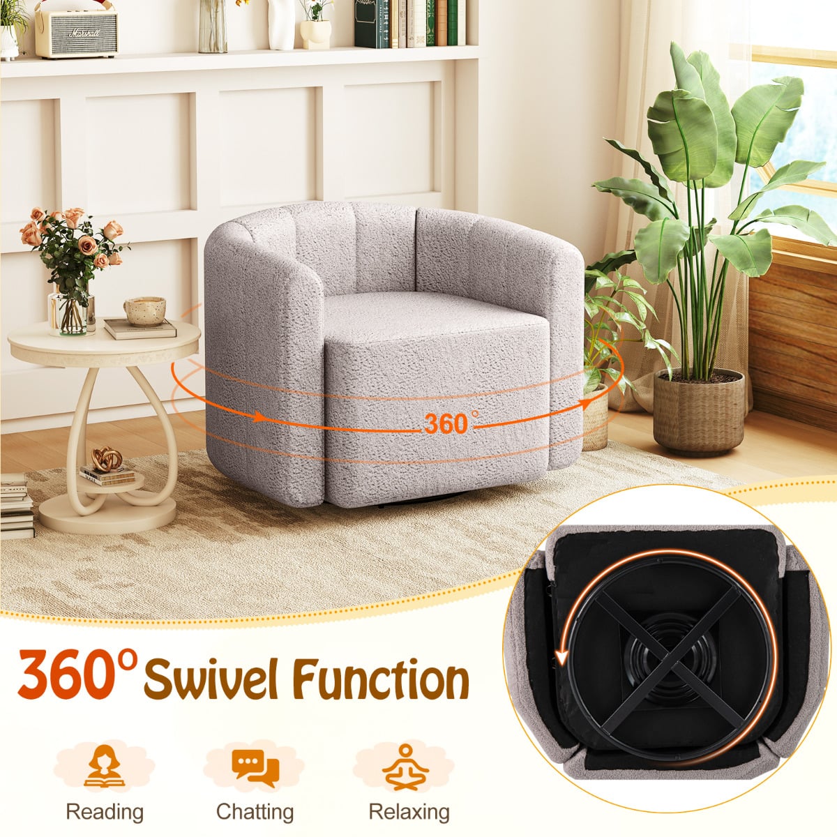 Upholstered Swivel Barrel Chair with Backrest and Armrests-Grey