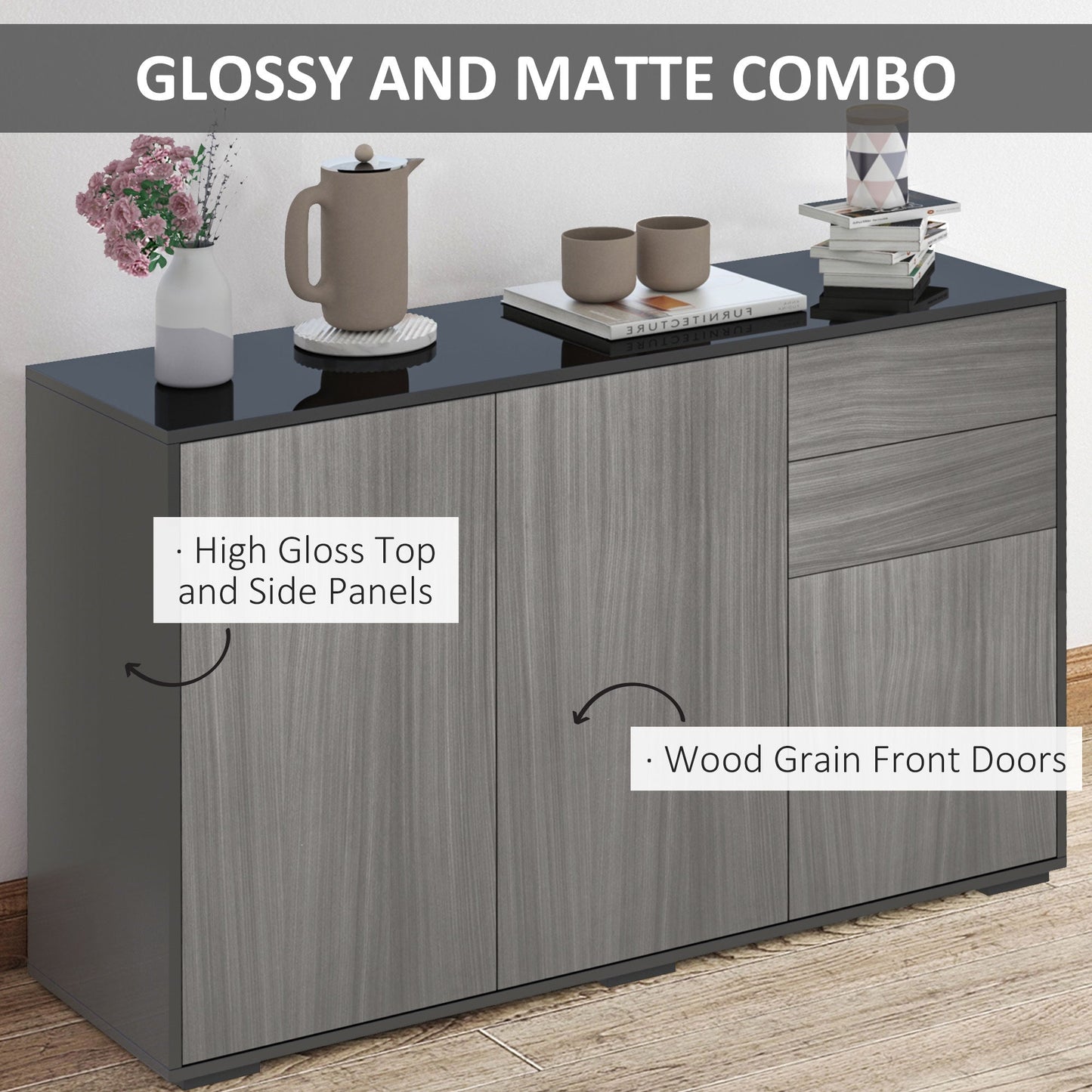 HOMCOM High Gloss Side Cabinet, Push-Open Design with 2 Drawers and 2 Cabinets for Living Room, 74H x 117W x 36Dcm, Light Grey and Black