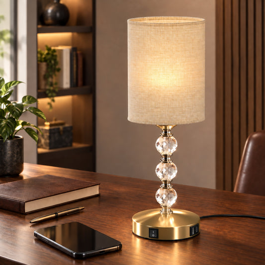 HOMCOM Bedside Lamp, Modern Crystal Decoration Table Lamp with PVC shade, USB A+C Charging Ports, Bulb Not Included, Gold Tone