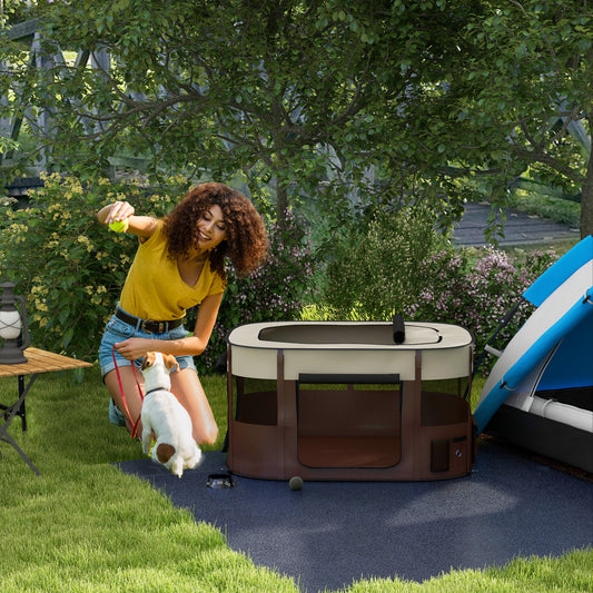 PawHut Foldable Dog Pen with Storage Bag for Indoor/Outdoor Use, Portable Pet playpen, with Ground Stakes - Brown