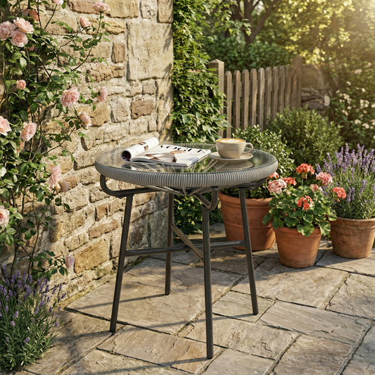 Outsunny Rattan Side Table, Round Outdoor Coffee Table, with Round PE Rattan and Tempered Glass Tabletop, Light Grey
