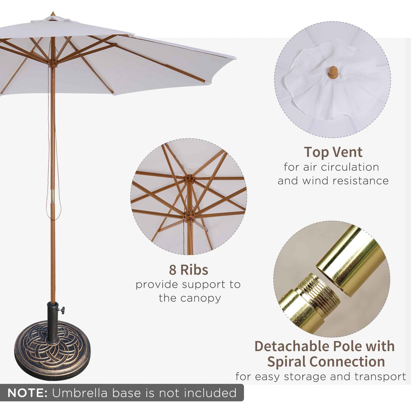 Outsunny 3 m Garden Parasol with Base, Pulley Operated Patio Umbrella, Wooden Parasol, Table Market Umbrella with Rope Pulley Mechanism and 8 Ribs, White