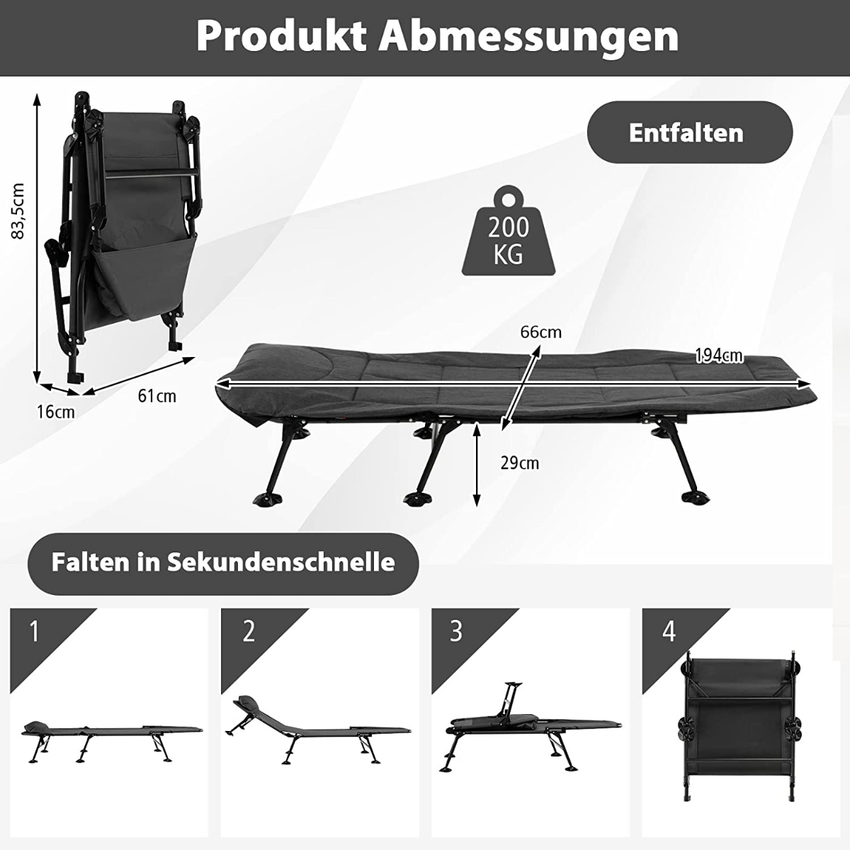 Folding Camping Cot with Detachable Mattress and 6-Position Adjustable Backrest for Camp/Office
