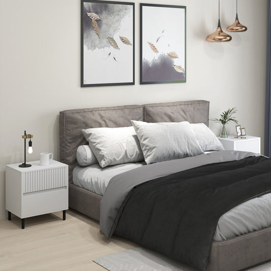 HOMCOM Simple Line Indented Two-Drawer Bedside Table Set of 2 - White