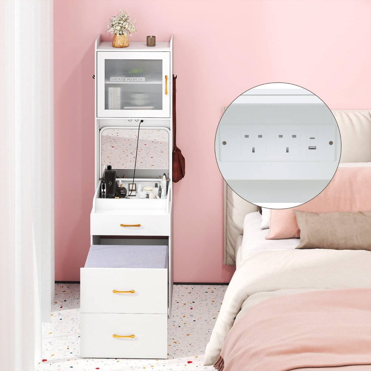 Vanity Desk with Flip-up Mirror and Movable Storage Stool-White