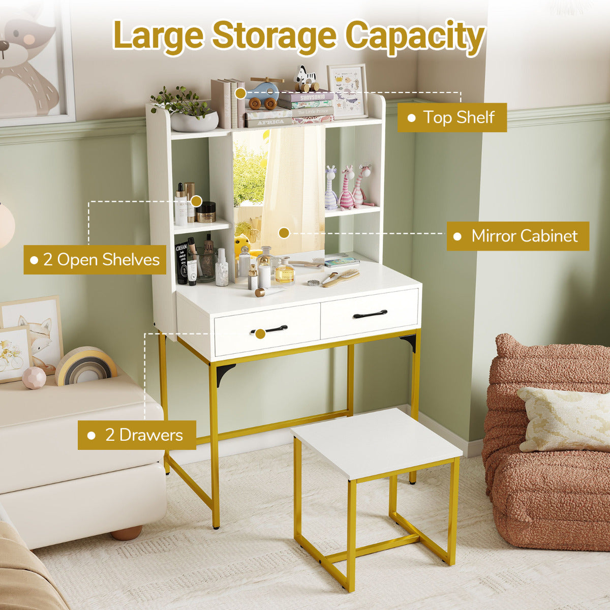 Vanity Desk with Mirror and Stool Wide Makeup Dressing Table-White