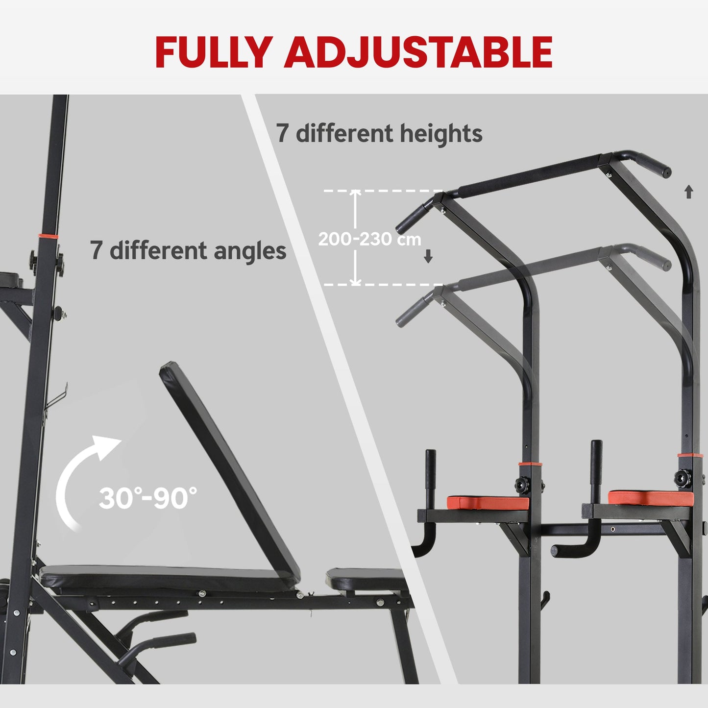 HOMCOM Pull Up Station with Adjustable Weight Bench, Dip Station and Barbell Rack, Multi-Function Power Tower Free Standing Pull Up Bar for Home Gym