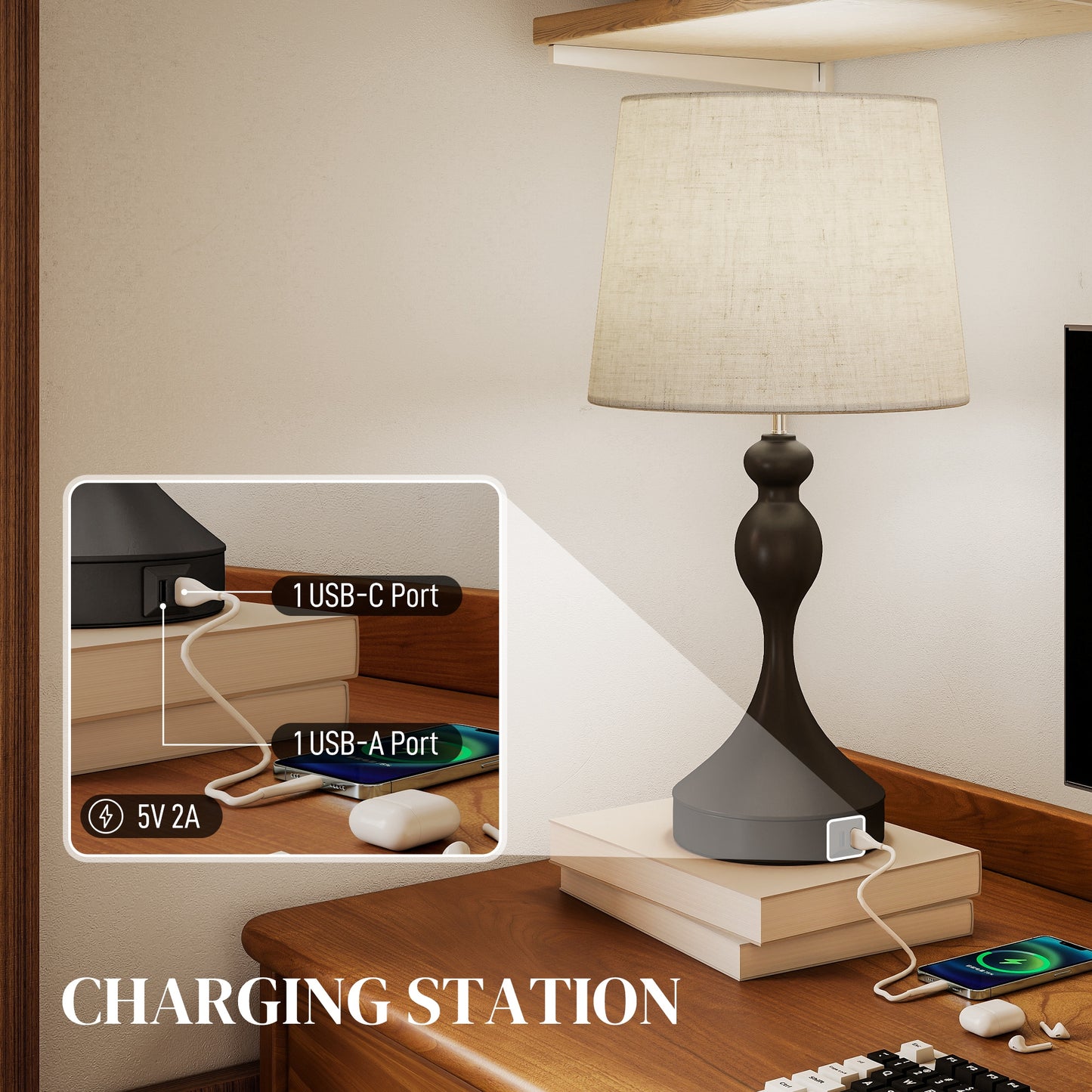 HOMCOM Set of Two Three-Colour Lamps, with USB Ports - Black/Beige