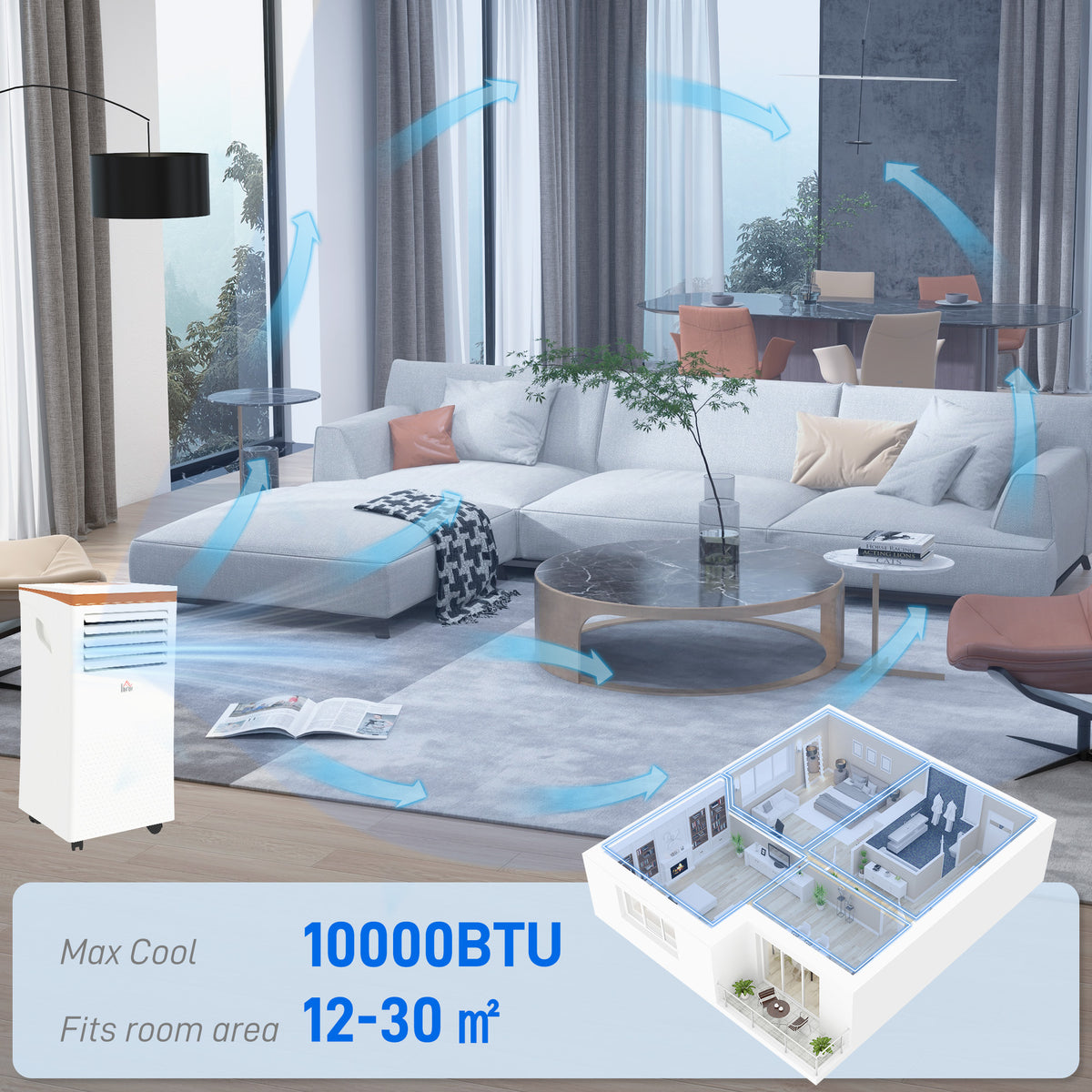 HOMCOM Portable Air Conditioner 10000 BTU, 4-in-1 Air Conditioning Unit with Cooling, Fan, 19.2L/Day Dehumidifier & Sleep Mode, LED Display, Remote Control, 24H Timer, Window Kit for Rooms up to 30㎡