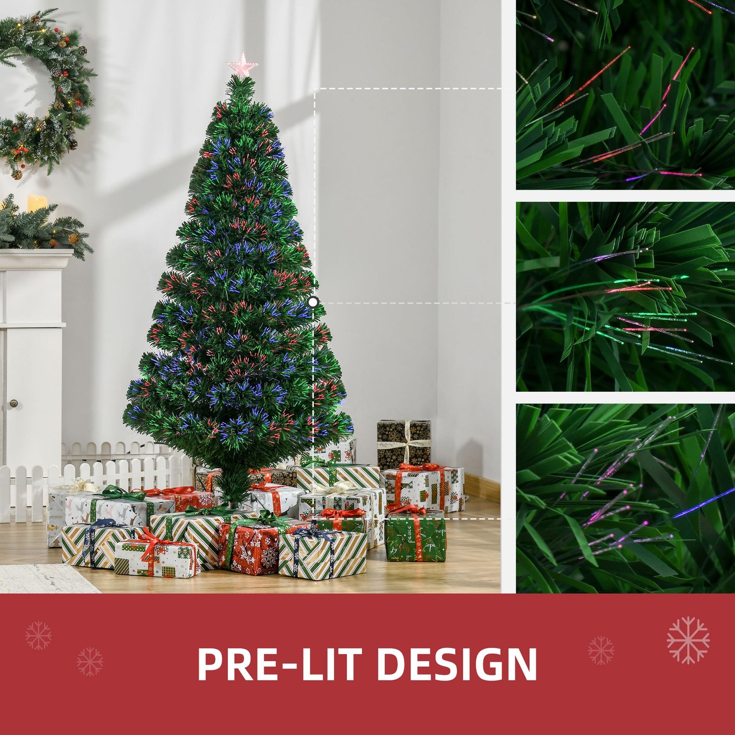 HOMCOM 5FT Pre-Lit Fibre Optic Artificial Christmas Tree Holiday Xmas Decor with Tree Topper Multi-Colour
