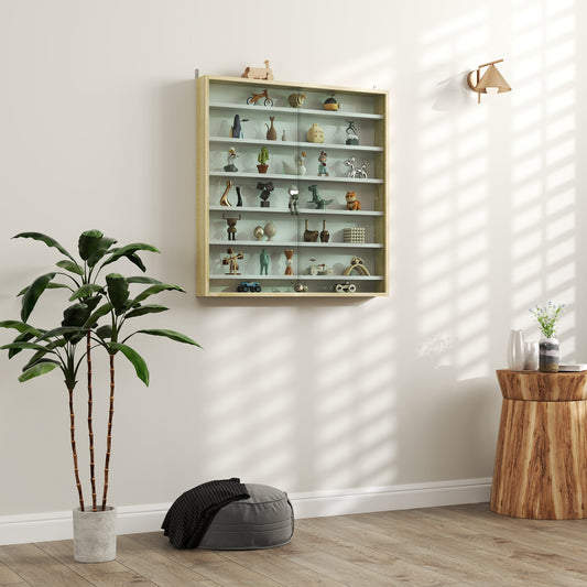HOMCOM 7-Tier Wall Display Shelf Unit Cabinet w/ 6 Adjustable Shelves Glass Doors Home Office Ornaments 83x80cm, Oak
