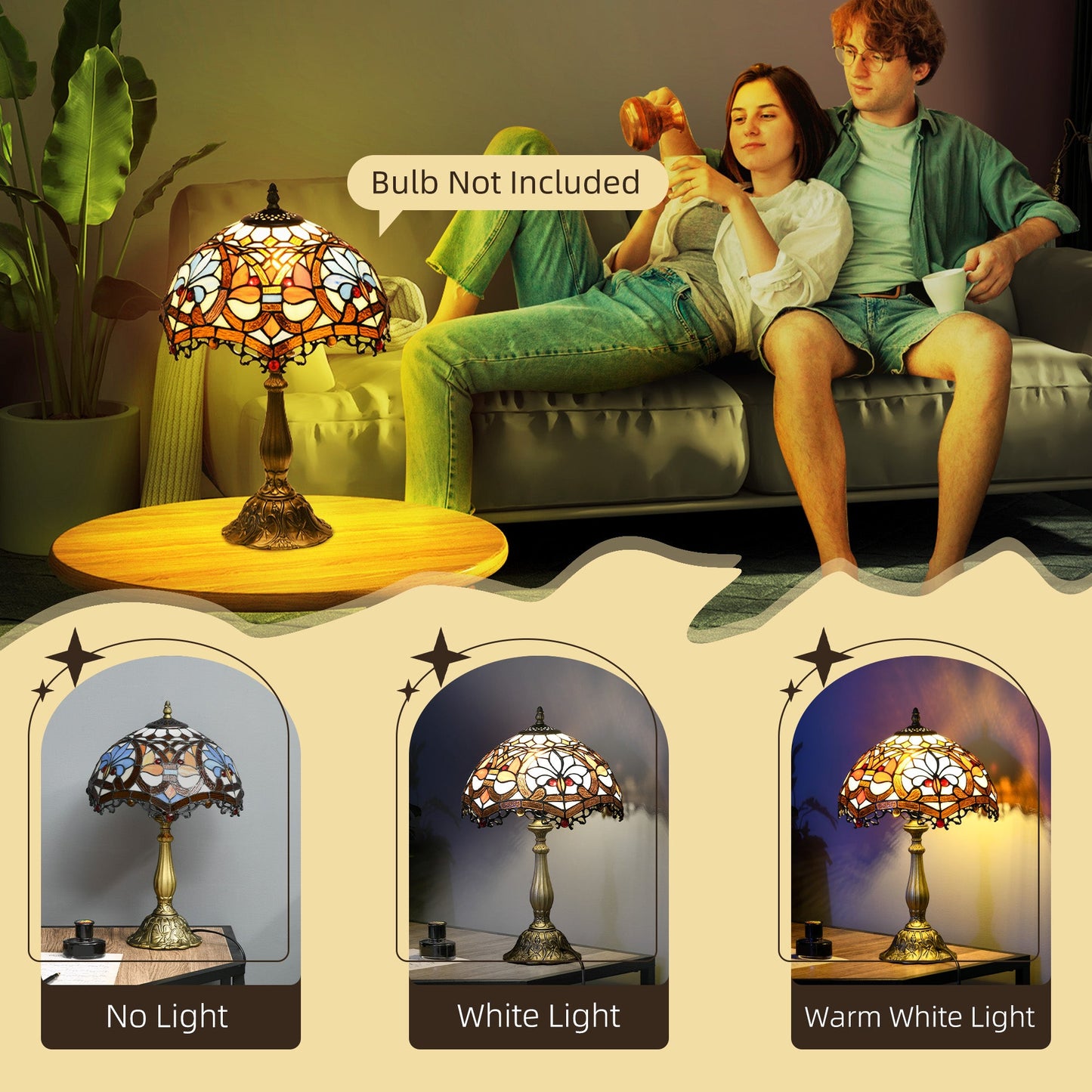 HOMCOM Stained Glass Table Lamp, Handcrafted Artisan Collectible, Suitable for Living Room and Bedside, Multi-Coloured, Ф30 x 48Hcm, Zinc Alloy.