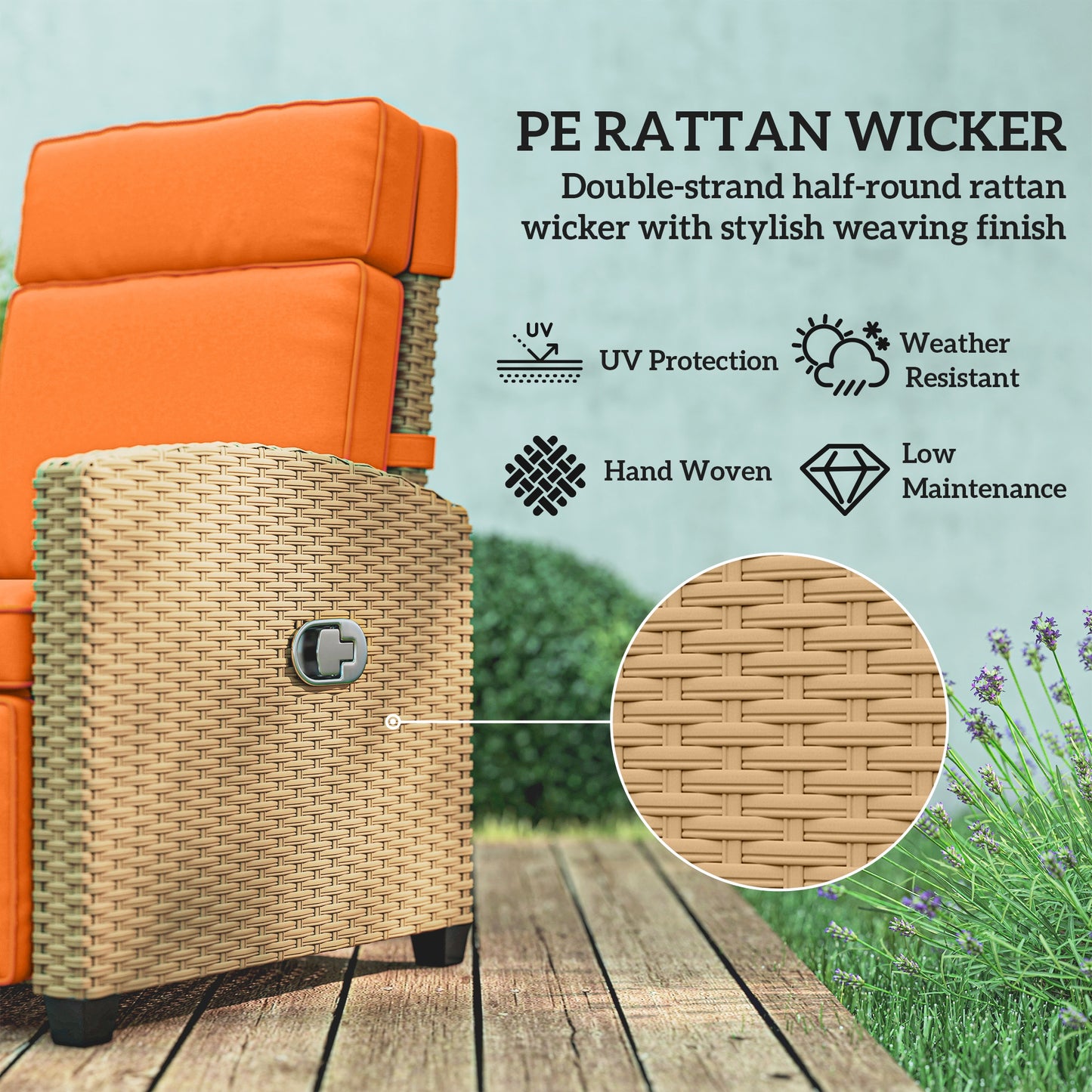 Outsunny 145° Reclining Rattan Armchair, with Footrest - Khaki/Orange