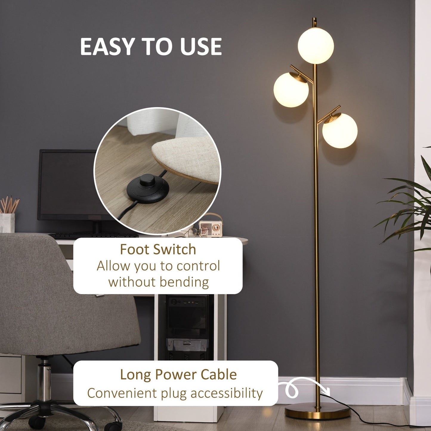 HOMCOM 3-Light Tree Floor Lamps for Living Room, Modern Standing Lamp for Bedroom with Globe Lampshade, 3000K/4000K/6000K Colour Temperatures, Steel Base, Gold Tone