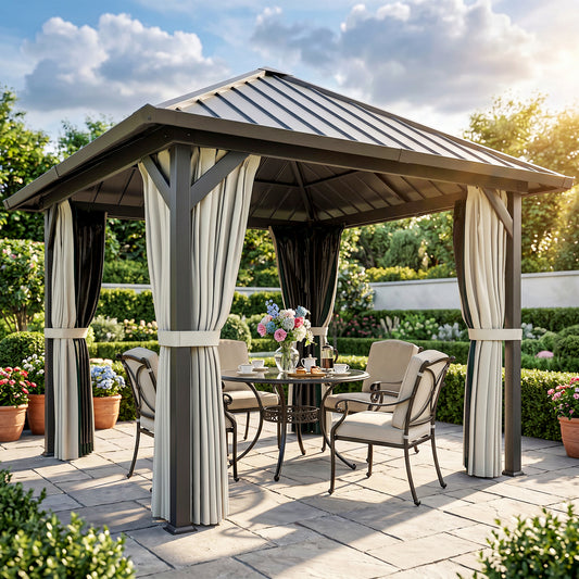 Outsunny 3 x 3(m) Hardtop Gazebo with Galvanised Steel Roof and Water Gutter, Waterproof Permanent Pavilion Garden Gazebo with Netting and Curtains for Patio, Deck, Black
