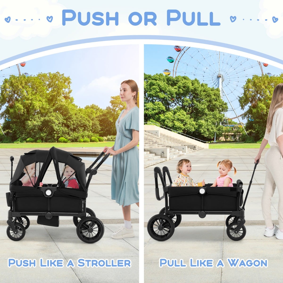 Wagon Stroller for 2 Kids with Adjustable Handle and Removable Canopy-Black