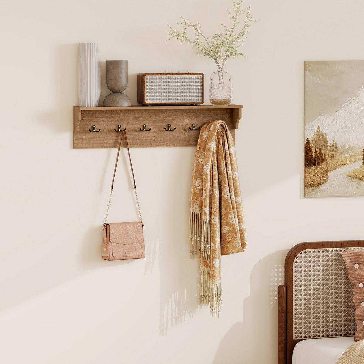 80 CM Wall Hooks with Shelf Wooden Coat Rack-Natural & White