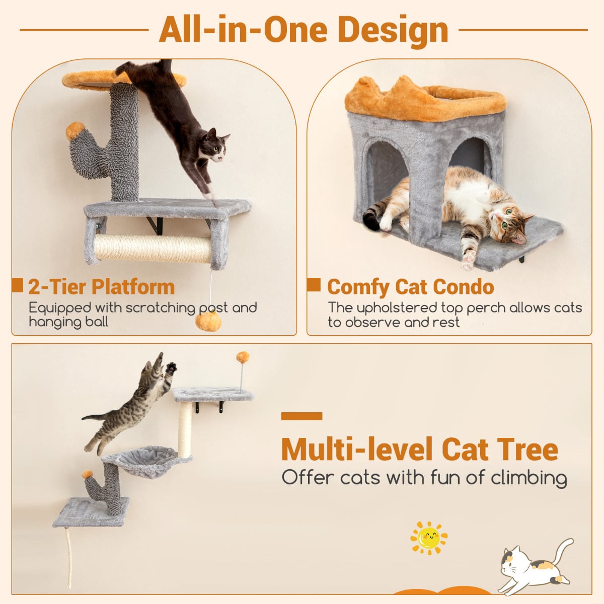 Wall-Mounted Cat Tower Set with 2-Tier Platform and 2 Comfy Cat Condos