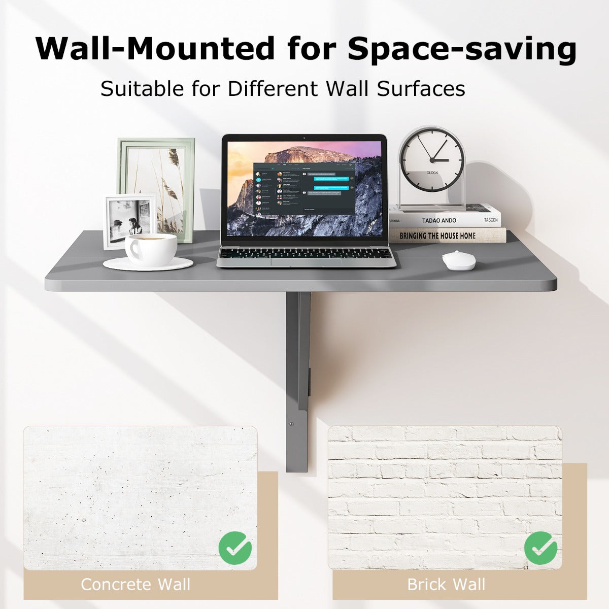 80 x 60 cm Wall Mounted Folding Table Drop-Leaf Floating Writing Desk-Grey