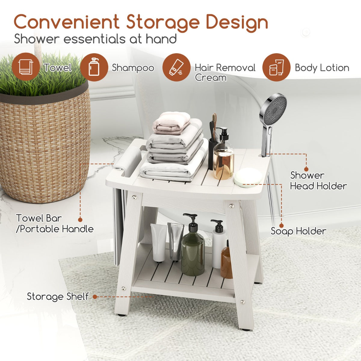 Waterproof Shower Bench Seat HIPS Shower Stool with Handle-White
