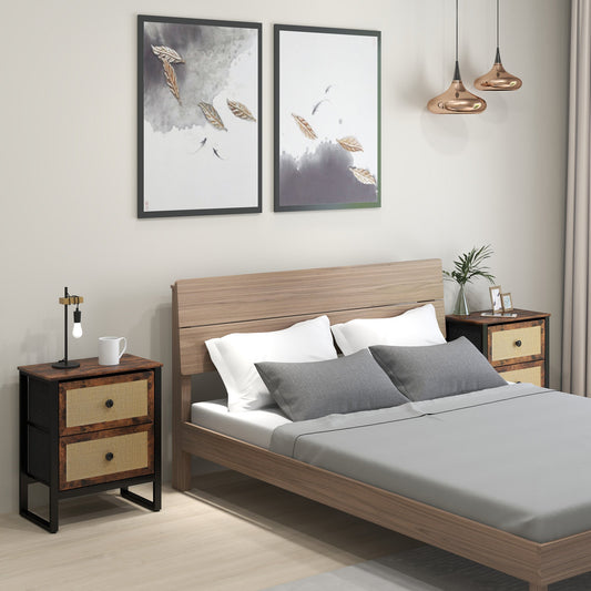 HOMCOM Industrial-Natural Bedside Table Set of 2 - Brown