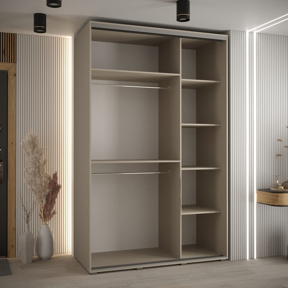 Beige wardrobe with open shelves in a modern room setting.