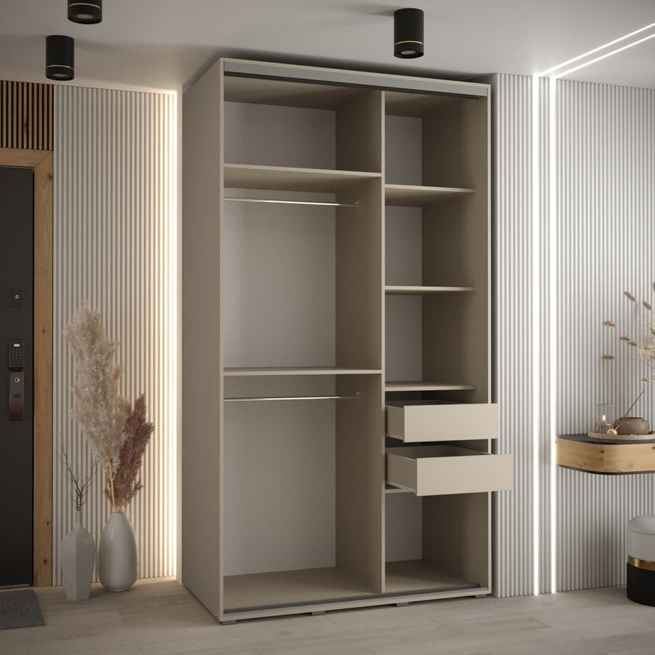 Modern wardrobe with open shelves and drawers in a room with striped walls and decorative elements.