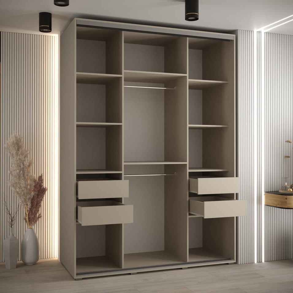 Large wardrobe with shelves and drawers in a room with striped walls.