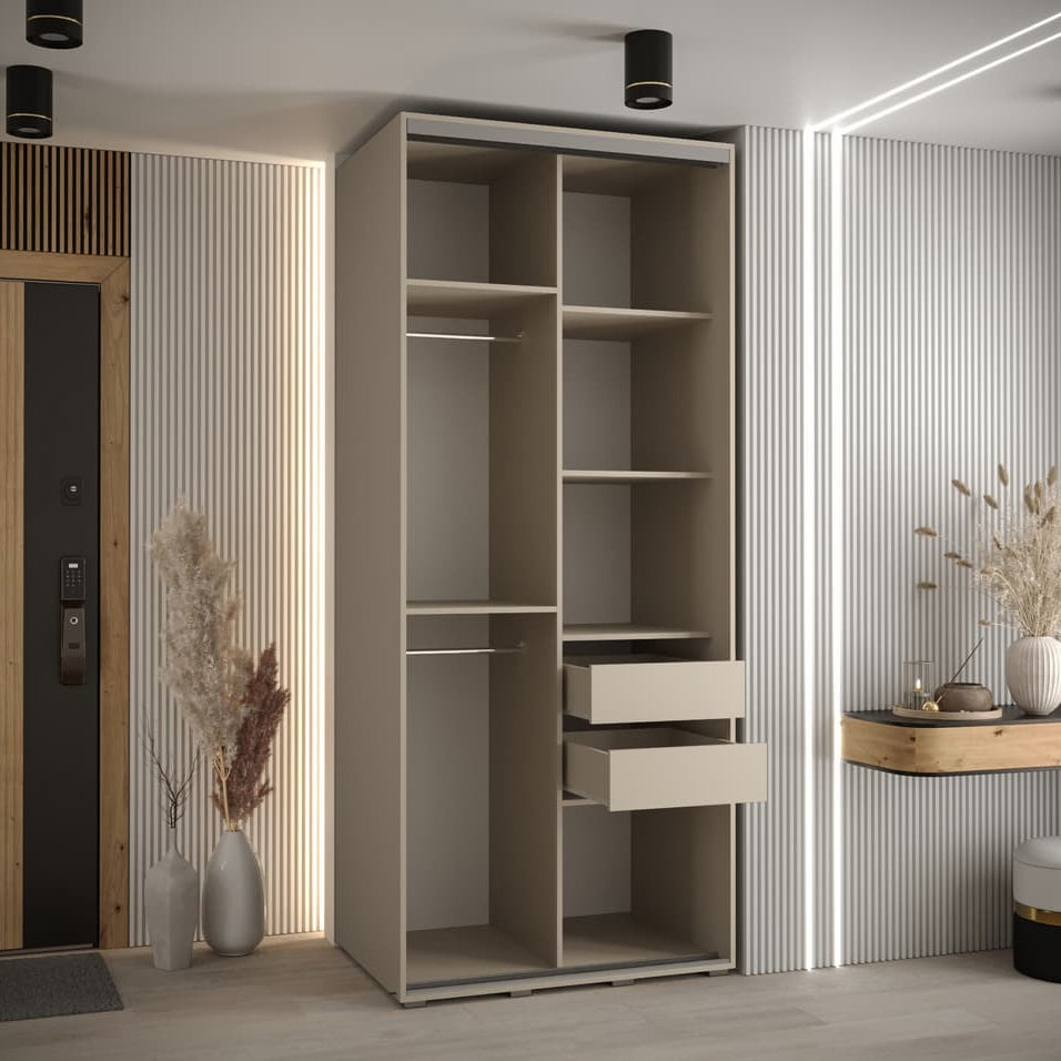 Modern wardrobe with shelves and drawers in a room with striped walls and a wooden door.