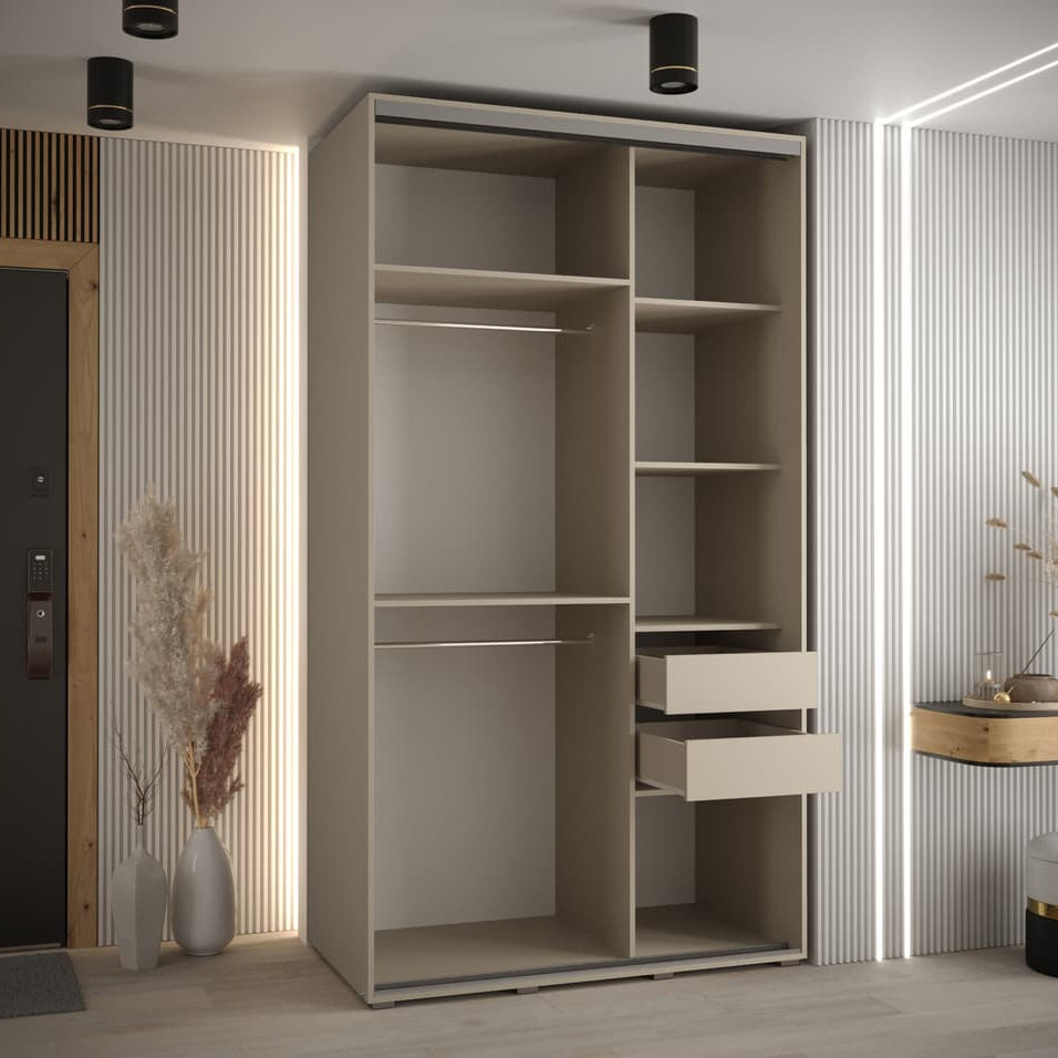 Modern wardrobe with open shelves and drawers in a room with striped walls and decorative elements.