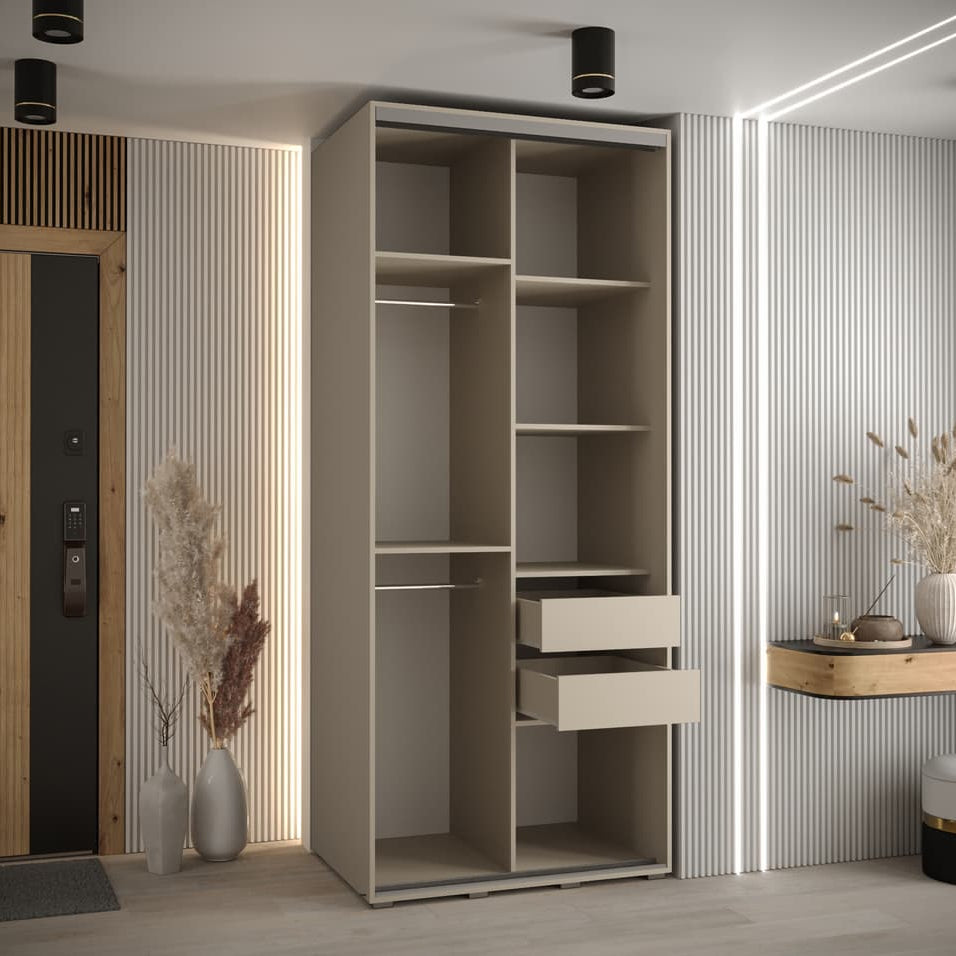 Modern wardrobe with shelves and drawers in a room with striped walls and a wooden door.