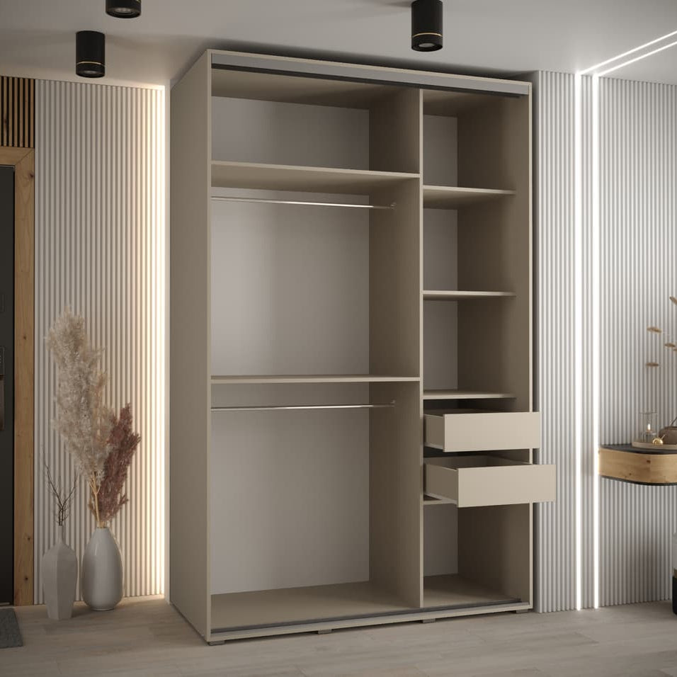 Large wardrobe with shelves and drawers in a room with striped walls and minimal decor.