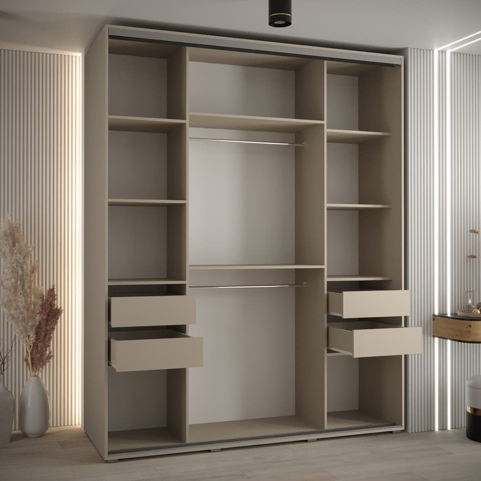 Beige wardrobe with shelves and drawers in a modern room setting