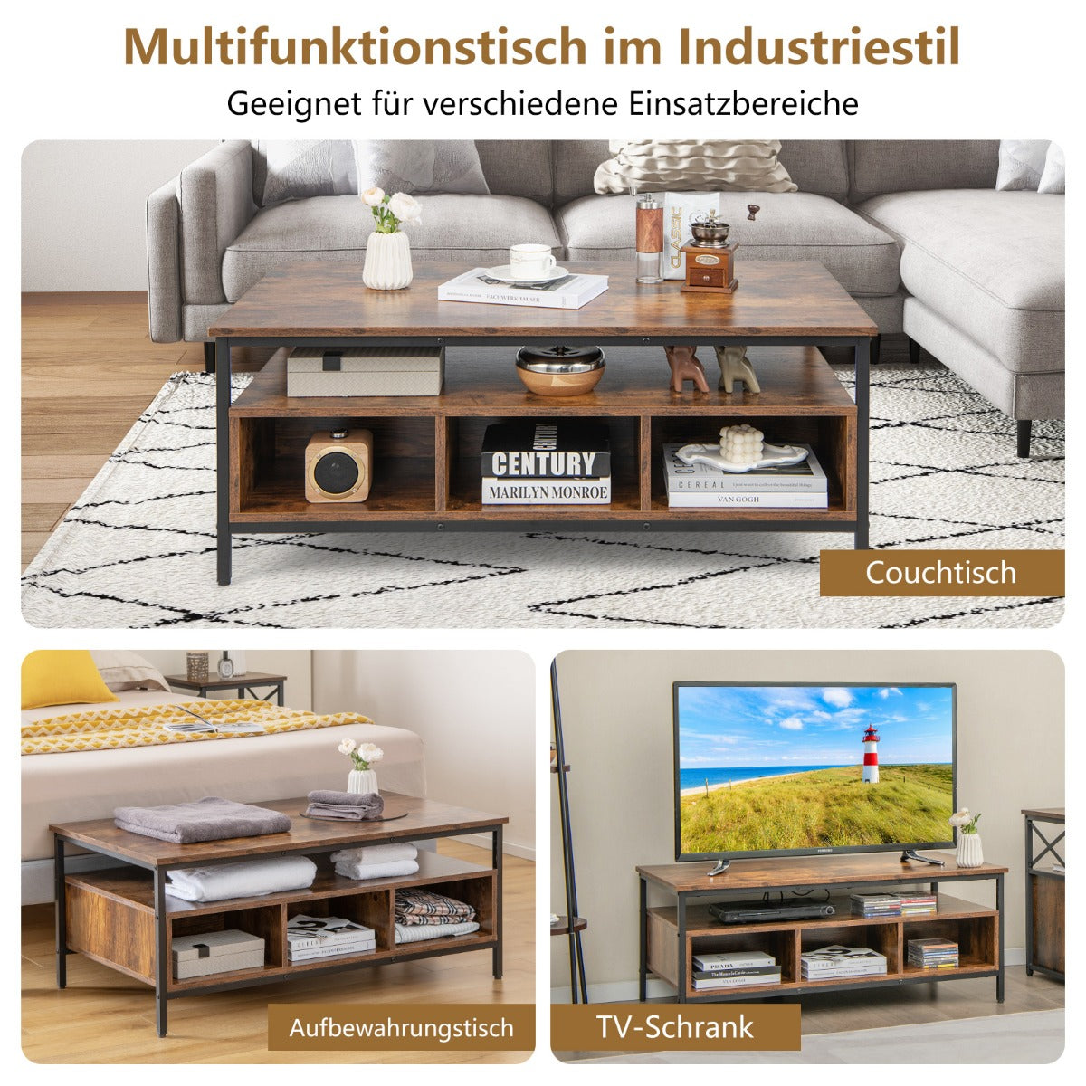 3-Tier Rectangular Coffee Table Industrial Style Cocktail Table with Heavy Duty Metal Frame Rustic Brown Tea Table