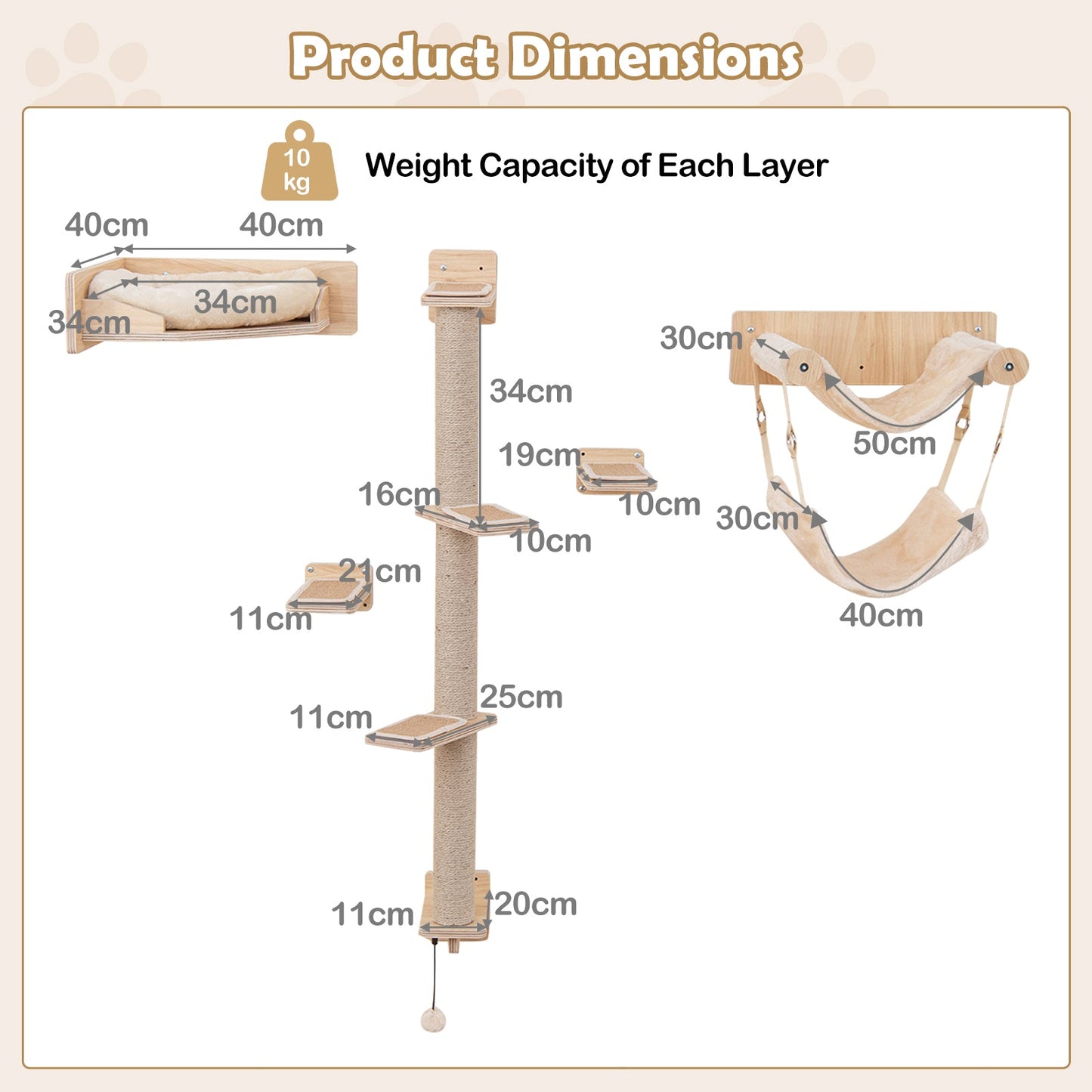 5-piece wooden Cat wall shelves with jute scratching posts and hanging ball-Natural