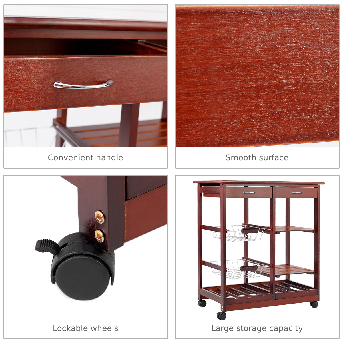 Wooden Rolling Kitchen Cart with Drawers Shelves Wire Baskets Wine Racks-Burgundy