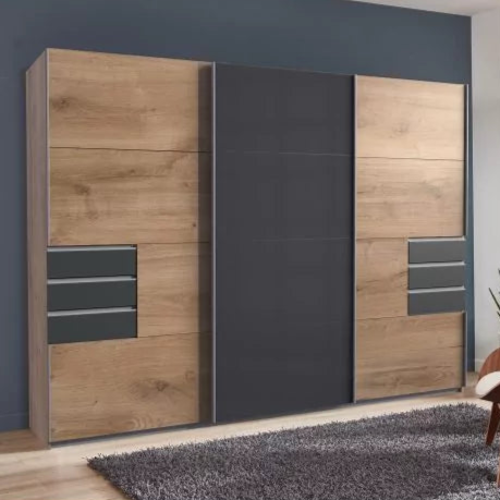 Sliding Wardrobe - SOGO 3 Door Mirrored Wardrobe Oak with Black 270cm