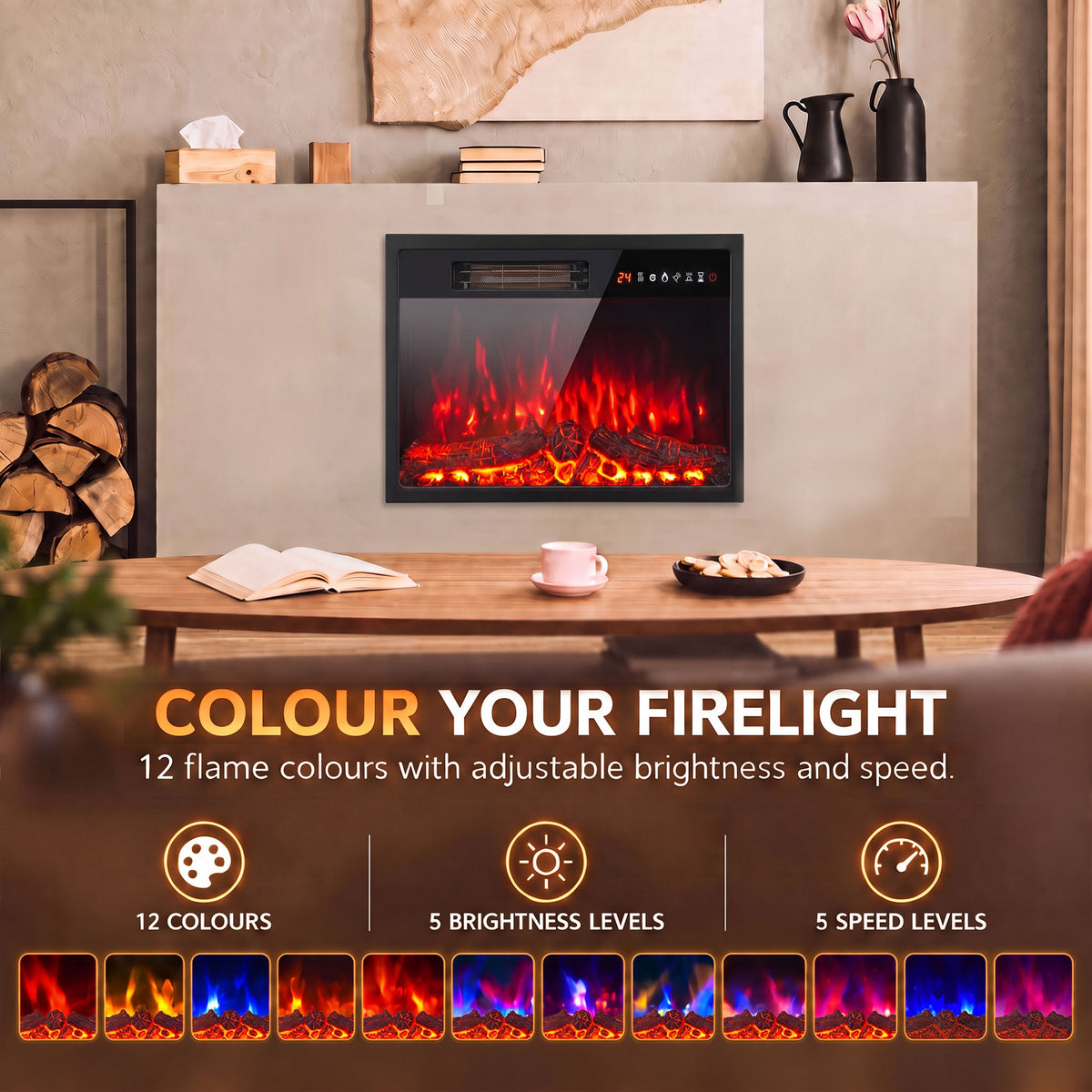 HOMCOM Electric Fireplace Insert, Recessed Electric Fire with Adjustable Flame Effect, Timer, Remote, 750W/1500W, Black
