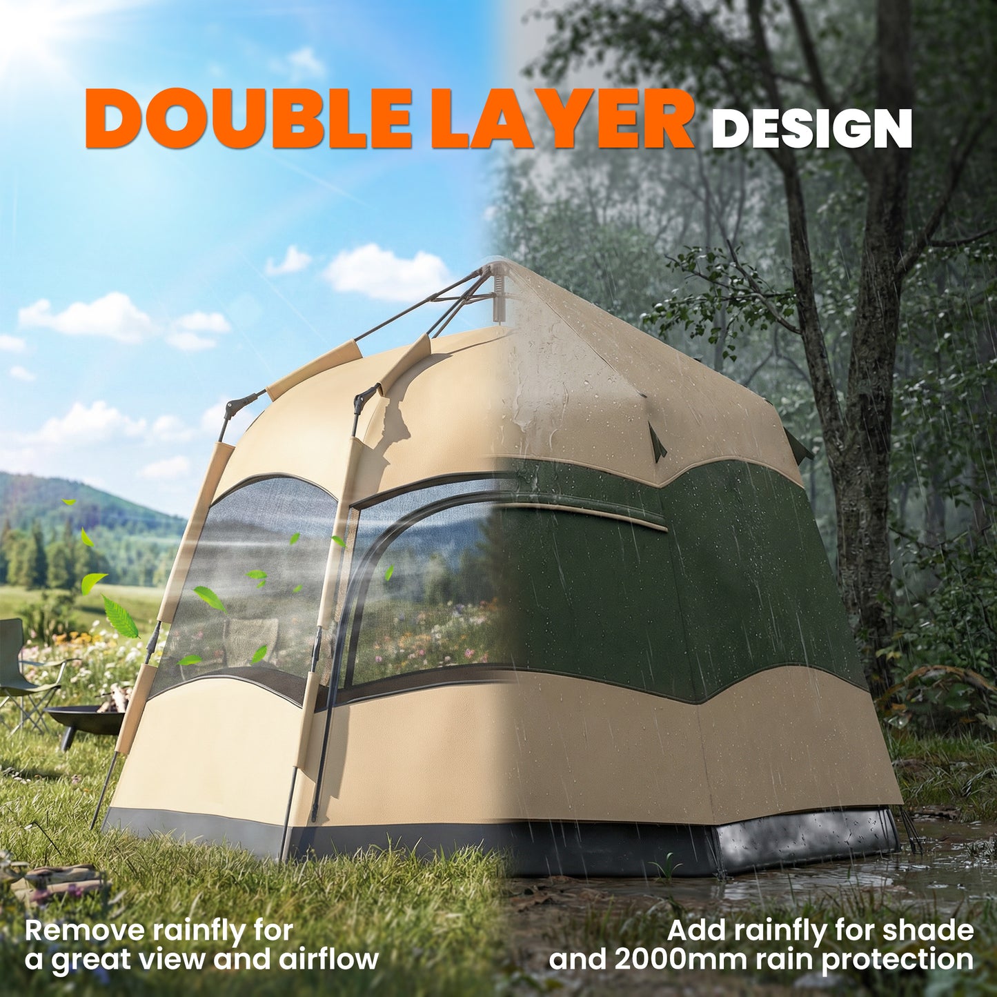 Outsunny Double Layer Instant Pop Up Tent with Rainfly, Portable Camping Shelter with Sewn-in Groundsheet and Carry Bag, Khaki