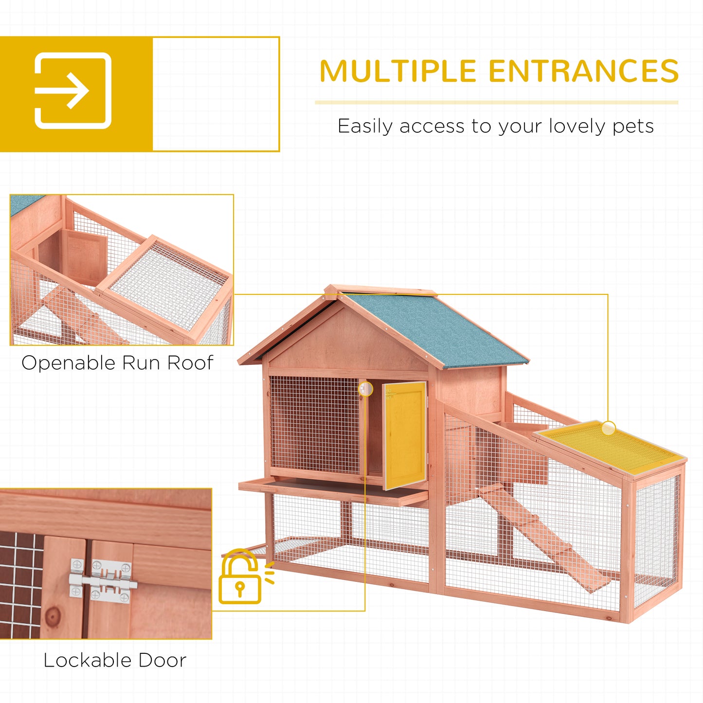 PawHut 2 Tier Rabbit Hutch Outdoor Water Resistant Asphalt Roof Ramp Sliding Tray 144 x 64.5 x 100 cm - Natural wood
