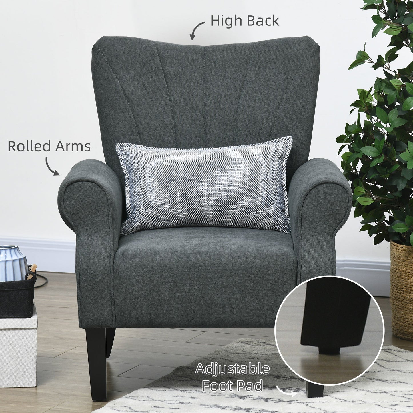 HOMCOM Upholstered Accent Chair with Rolled Arms and Wood Legs, Armchair for Living Room Bedroom, Grey