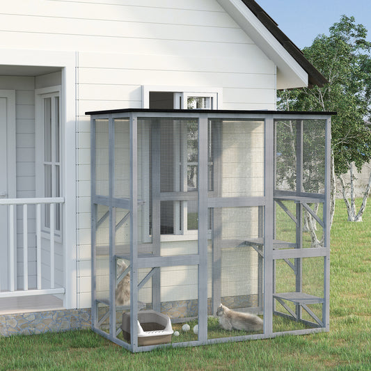 PawHut Wooden Catio Cat Outdoor Enclosure, Cat Cage with Waterproof Roof, Platforms, for Multiple Kittens, 180 x 98 x 180 cm